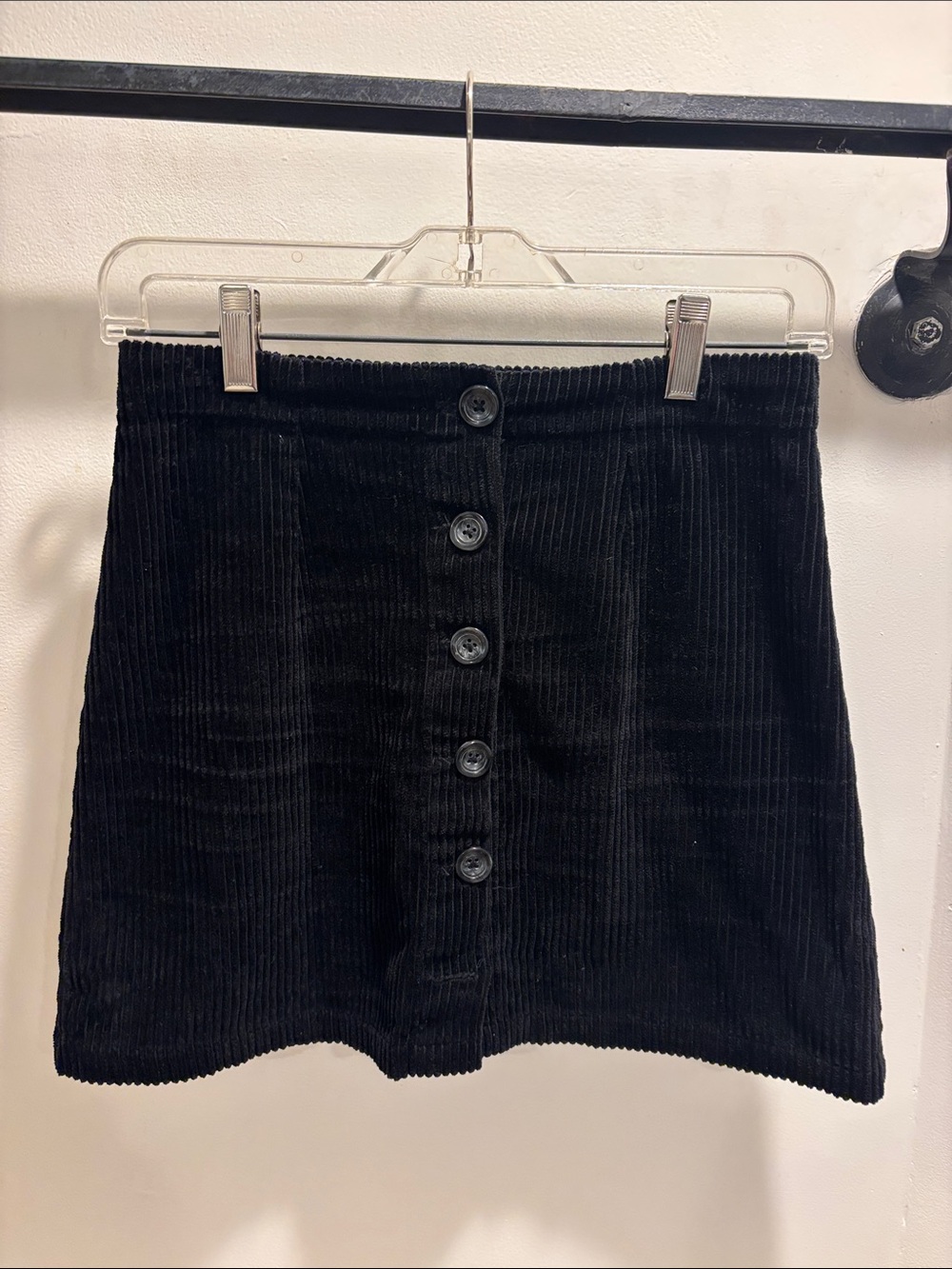 Black Corduroy Button-Front Mini Skirt